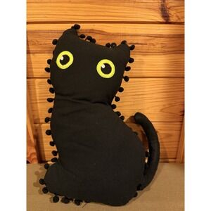 Way To Celebrate Harvest Pillow 13" x 8" Black Cat Halloween Pom Poms Decoration